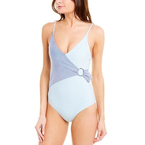 NWT Onia Seersucker Textured Lila Faux Wrap Lila One Piece Swimsuit Bondi Blue M - Picture 1 of 16